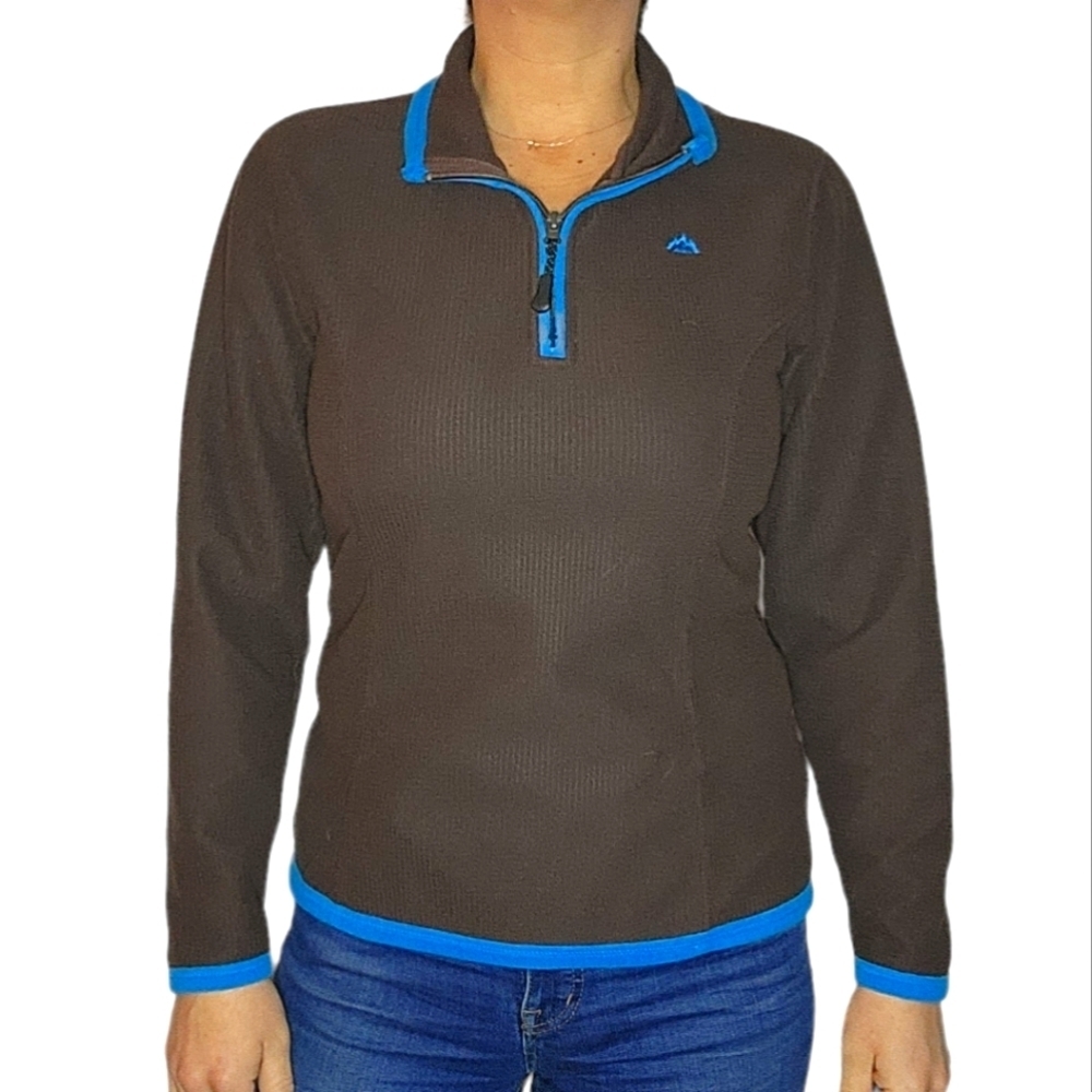 Snozu Long Sleeve Quarter Zip Fleece Sweater Size Small Brown Blue Trim